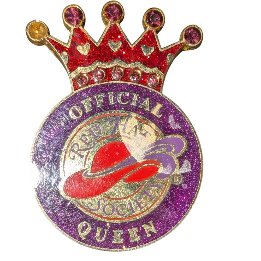 Official Red Hat Society Queen Pin 2006 Purple Red Glitter Crown Rhinestone Logo